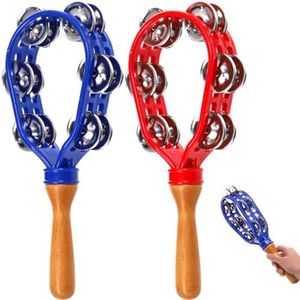 Eorbow 2 Pack 12" Tambourine for Adults, Double Row Metal Jingles Hand Held Tambourine, Plastic Wooden Hand Percussion Instrument, Musical Bells for School Party Church Concerts