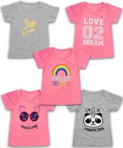 Girls 5-Pack Printed T-Shirts, Pink Grey Short Sleeve, Crew Neck. Unicorn, Panda, Selfie, Rainbow. Cute Designs (Combo B, 14/16)