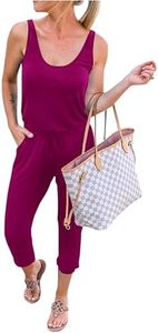 KIRUNDO Womens Jumpsuits Casual Summer Sleeveless One Piece Jumpsuit Tank Top Drawstring Elastic Waist Long Romper Spring Outfits with Pockets(Style 3_Purple Red, Large)