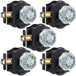 Calzibeno 5 Pack Crystal Door Knobs, Glass Door Knobs with Lock for Privacy Use, Black Vintage Crystal Doorknob Set
