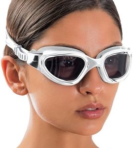 AqtivAqua Polarized Swim Goggles Swimming Goggles for Adult Men Women Kids 6-14 Youth Girls Boys Childrens DX-P (Metallic Silver, Silver case, Polarised lens)