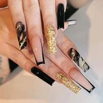 24-PCS French Tip Press on Nails Long Fake Nails Shiny Black Gold Coffin Press on Fake Nails Glossy False Nails Full Cover Acrylic Nails for Women & Girls