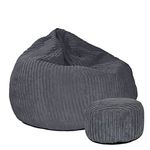 rucomfy Beanbags Large Corduroy Slouchbag - Bean Bag Chair for Adults, Teens and Kids - Home Furniture Seating for Living Room or Bedroom - Machine Washable 80cm x 110cm (Slate, Matching Footstool)