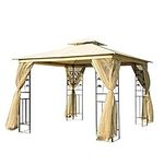 Outsunny 10'x10' Gazebo Canopy Outdoor Patio Sun Shelter UV Protect w/ 2-Tier Polyester Roof Curtain Sidewalls and Steel Frame Beige