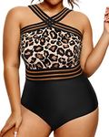 Yonique Women Plus Size One Piece Swimsuits Tummy Control Bathing Suit Front Crossover Swimwear Strapless Monokinis, Black Leopard, 14 Plus