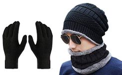 Gajraj Winter Knit Beanie Cap Hat Neck Warmer Casual Style Scarf And Woolen Gloves Set For Men & Women (3 Piece,Black)