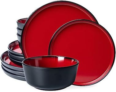 LEHAHA Melamine Dinnerware Sets, Service for 4, Red & Black 12 Piece Outdoor Dishes Set Include Dinner Plates and Bowls Set, Heavy Weight Unbreakable Dishware BPA Free, 10.5 inch (HL1222145)