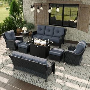 Aeeiua 8 Piece Patio Furniture Set with Fire Pit Table, All-Weather Wicker Outdoor Conversation Set with Swivel Rocking Chair and 6 Inch Thick Cushions