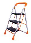 Flipzon Foldable 3 Steps Ladder | Heavy Duty Ladder With Anti-Skid Shoes, Wide Steps - (Orange, Silver, Black) - Alloy Steel