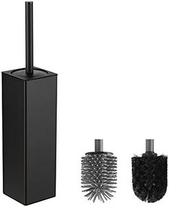 BVL Black Toilet Brush, Square Silicon Toilet Brush and Holder, Free Standing Toilet Brush Including 2 Quick Drying Brush Heads