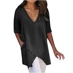 Womens 3/4 Sleeve Tunic Tops V Neck Loose Fit Asymmetrical Shirts Linen Oversized Blouses Fashion 2024 Top Black