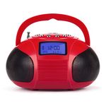 August SE20 – Mini Bluetooth MP3 Stereo System – Portable Radio with Powerful Bluetooth Speaker- FM Alarm Clock Radio with Card Reader, USB and AUX in (Micro USB) - Rechargeable Battery (Red)