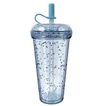 CUJIM Reusable Donut Straw Cup with Lid - 18oz Double Walled Plastic Tumbler Travel Iced Coffee Mug Clear Smoothie Milkshake Bottle Cold & Hot Drink Water Cup Bubble Tea Go Cup for Kids Adults - Blue