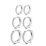 925 Sterling Silver Hoop Earrings with AAA Cubic Zirconia, 3 Pairs 925 Sterling Silver Small Hoop Earrings (8/10/12mm), Silver Plated Base, Cubic Zirconia, Silver Plated Base, Cubic Zirconia