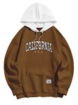 ZAFUL Men's Colorblock Fleece-lined Hoodie Letter CALIFORNIA Pattern Hooded Sweatshirt, Coffee, Small