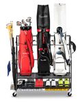 FHXZH 3 Golf Bag Storage Garage Organizer, Golf Bag Stand Fit for 3 Golf Bags, Golf Clubs, Golf Balls, Golf Equipment Accessories, Golf Bag Storage Rack with Wheels for Garage, Club, Shed, Basement