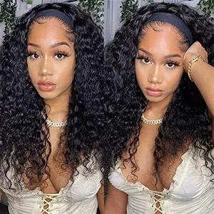 ISEE Hair Headband Human Hair Wigs 180% Density Water Wave Curly None Lace Front Wigs for Black Women Glueless Deep Wave Machine Made Wigs 26Inch