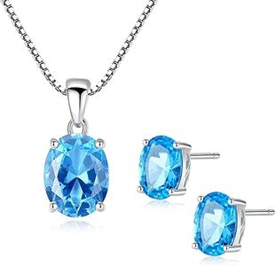 Gdirection 925 Sterling Silver Simulated Swiss Blue Topaz Pendant Necklace and Earrings for Women, CZ Oval Cut Nano Gemstone Costume Jewelry Set with Gift Box, nano substances, simulated topaz