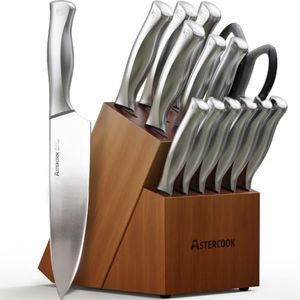 Astercook Knife Set for Kitchen with Block and Sharpener 15pcs Full Tang