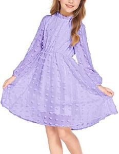 Flypigs Tween Girls Long Sleeve Fall Dresses Swiss Dot Casual Party Dress Purple 12-13Years