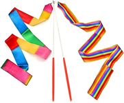 DUUTY Dance Ribbons Rainbow Streamers Rhythmic Gymnastics Ribbon Baton Twirling Wands on Sticks 2pc for Kids Artistic Dancing