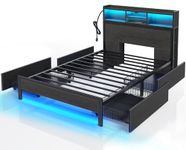 Rolanstar Twin Bed Frame with Storage Headboard, Metal Platform Bed with Charging Station, LED Bed Frame with 4 Drawers, Bookcase Storage, No Box Spring Needed, Easy Assembly, Noise-Free, Black