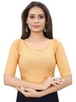 SAGIBO Round Neck Dobby Cotton Lycra Stretchable Elbow Sleeve Readymade Saree Blouse For Women Stylish, Beige