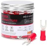 HKS 200PCS Insulated Fork Spade Wire Connectors - Red 22-16 AWG M4 Stud Size #8 - Tinned Red Copper - U-Type Electrical Crimp Terminals
