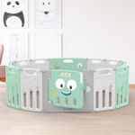 R for Rabbit Joyland Playard for Baby 14 Panel Compact Fold Safe & Fun Playpen Play Space for Kids, Customizable Shape, 22.6 sqft Play Area Fence Door Lock Gate for 6-36 Month Toddler (Green White)