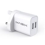 MAGIX Wall Charger Double USB Port (5V-2.4A + 5V-1.0A) Max total output 5V-3.4A 17W Fast charging (UK Plug)(White)