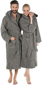 CelinaTex Montana Bathrobe, Hooded, Plain, Long, Patched Pockets, Stitching, Women, Men, Unisex, 100% Cotton, Dark Grey, XL