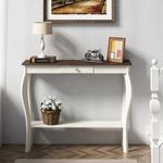 ChooChoo Narrow Farmhouse Console Table with Drawer, Chic Accent Sofa Entryway Table with Shelves for Entryway, Living Room, Hallway, Antique White & Brown