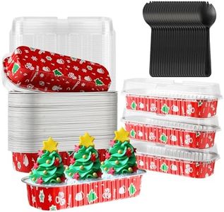 Cupcake Liners with Lids,BAKINGPAK 50PCS 6.8OZ Disposable Mini Cake Pans Disposable Aluminum Foil Baking Cups with Lids Aluminum Loaf Pans for Brithday,Red Christmas