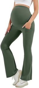HEGALY Women's Maternity Flare Leggings Over The Belly - Casual Pregnancy Yoga Pants with Pockets Buttery Soft Olive Green
