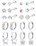 YADOCA 10 Pairs Hypoallergenic Screw Back Stud Earrings For Women Girls Surgical Steel Small Huggie Hoop Earrings Cute CZ Butterfly Star Hoop Dangle Earrings 20G Screwback Earrings Set