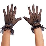 Skeleteen Dress Lace Hand Gloves - Vintage Formal Black Sheer Evening Gloves with Satin Bow and Lace Ruffle Wrist Cuffs for Women and Girls, Black, One Size