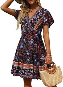 ZESICA Women's 2024 Summer Wrap V Neck Bohemian Floral Print Ruffle Swing A Line Beach Mini Dress, Oceanablue