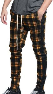Men's Plaid Checkered Tartan Outer Side Stripe Inseam Ankle Zipper Drawstring Premium Track Pants TR537 - Gold - 2X-Large - JJ5E
