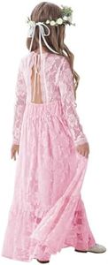 ALLOVIN Long Sleeve Boho Lace Flower Girl Dress, A-Line Ruffle Wedding Baptism Party Dress for Girls 3-12 Years | Pink | 6-7Y