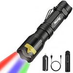 Alonefire X004 4 Color in 1 LED Tactical Torch Rechargeable Red Green Blue White Light Flashlight Waterproof Zoomable with Lithium Battery, Charger for Camping Hiking Hunting Fishing Police Adults