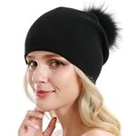 Queenfur Women Knit Wool Beanie Winter Cashmere Ski Hats Real Raccoon Fur Pom Pom