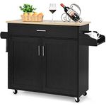 TANGZON Kitchen Island on Wheels, Rolling Storage Trolley with Large Cabinet, Drawer, Adjustable Shelf, Wood Worktop, Spice & Towel Rack, Utility Serving Cart for Dining Living Room Restaurant (Black)