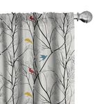 Ambesonne Forest Window Curtains, Woodland Inspired Abstract Design Leafy Tree Branches and Colorful Birds, Lightweight Decor 2-Panel Set with Rod Pocket, Pair of - 28" x 84", Coconut White