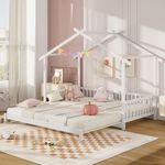 COSTWAY Wooden Kids Bed Frame, Single to Double House Daybed with Safety Rails & Decorable Roof, Chidren Floor Bed for Boys Girls, No Box Spring Needed