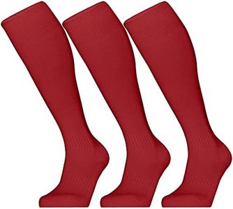 GRAPMKTG 3 Pack Soccer Softball Baseball Socks for Youth Men and Women Football Knee High Socks for Kids Adult Tube Socks for Boys Girls Red Large