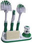 Powerstone 6-Piece Green Cleaning Brush Set - Includes 4 Brushes, Sponge Scrub & Holding Tray | Durable & Long-Handled | Ideal for Washing Dishes, Bottles, Utensils & Vegetables