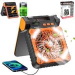 Portable Camping Fan with Light - Dual Power Options: Battery and Solar - 10000mAh Rechargeable, Ideal Table Fan | Personal Fan for Tents, Home, and Outdoor Adventures - Stay Cool Anywhere (Orange)