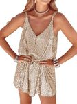 MIYIEONZ Women Sequin Sexy V Neck Shift Dress Sparkly Glitter Sleeveless Short Flowy Loose Party Night Out Club Dress, Gold, Small