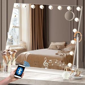 Oikiture Rotatable Hollywood Vanity Mirror with Lights, 83 x 69cm Hollywood Mirror Vanity Mirror with 18 LED Bulbs 10x Magnifying Mirror and Bluetooth Speaker