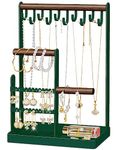 metwoods Organiser Holder, 4-Tier Jewellery Organizer Holder Stand, Earring Display Tower Rack with Metal Storage Tray & 10 Necklace Hooks, for Hanging Earrings Necklaces Bracelets Ring